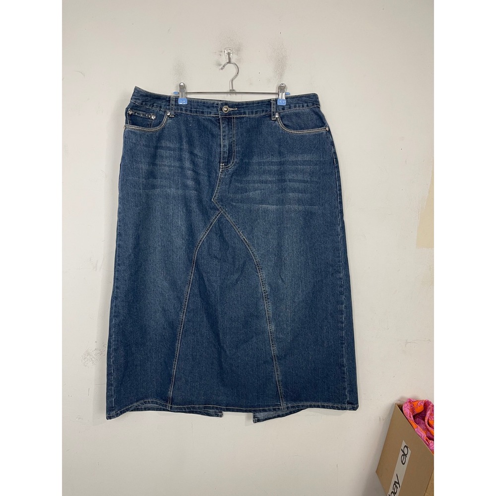Cato Woman Denim Maxi Skirt 22W Medium Wash Rhinestone Western Long Jean Skirt‎
